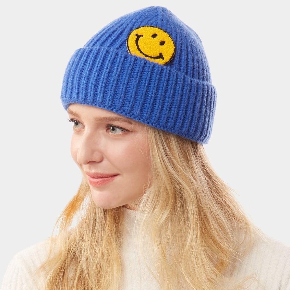 Smile Patch Pointed Solid Knit Beanie Hat - image 2